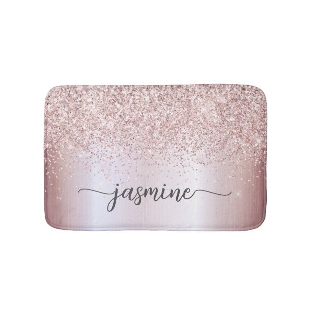 Rose Gold Glitter Pink Metal Monogram Calligraphy Bath Mat (Front)