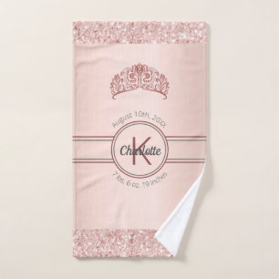 Rose gold glitter pink monogram baby princess bath towel set