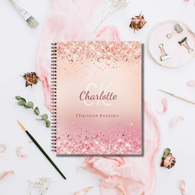 Rose gold glitter pink monogram diary notebook | Zazzle