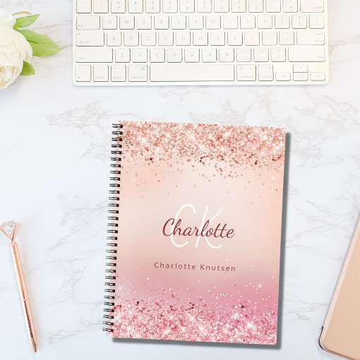 Rose gold glitter pink monogram diary notebook | Zazzle