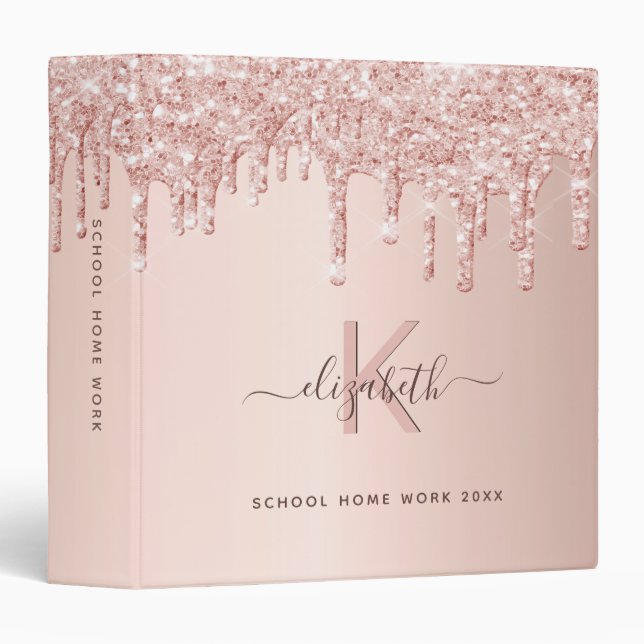 Rose gold glitter pink monogram glam school 3 ring binder (Front/Spine)