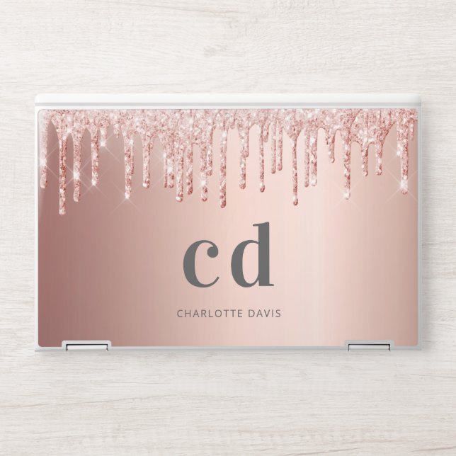 Rose gold glitter pink monogram initials HP laptop skin (Front)