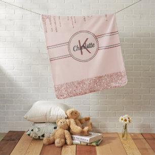 Rose gold glitter pink monogram name girl baby blanket