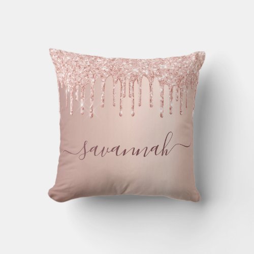 Rose gold glitter pink monogram name script throw pillow