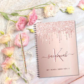 Rose gold glitter pink monogram script diary notebook