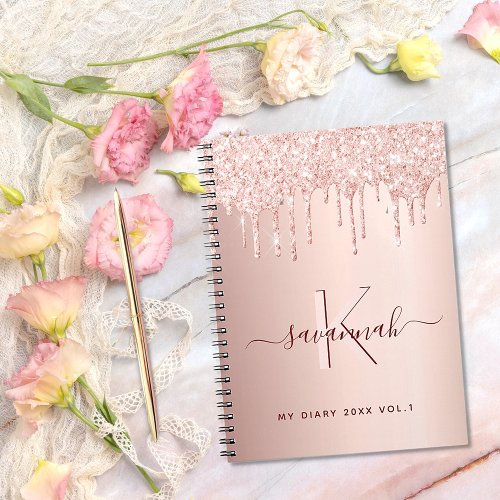 Rose gold glitter pink monogram script diary notebook