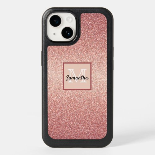 Rose gold glitter pink name monogram OtterBox iPhone 14 case