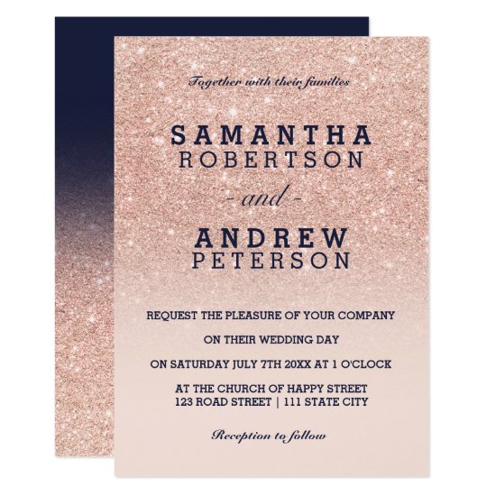 Rose gold glitter pink navy blue ombre wedding invitation