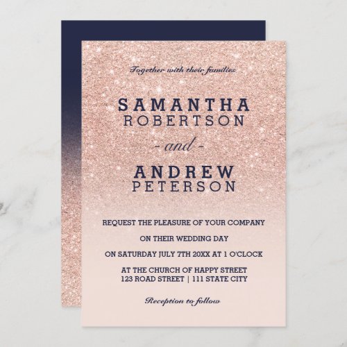 Rose gold glitter pink navy blue ombre wedding invitation