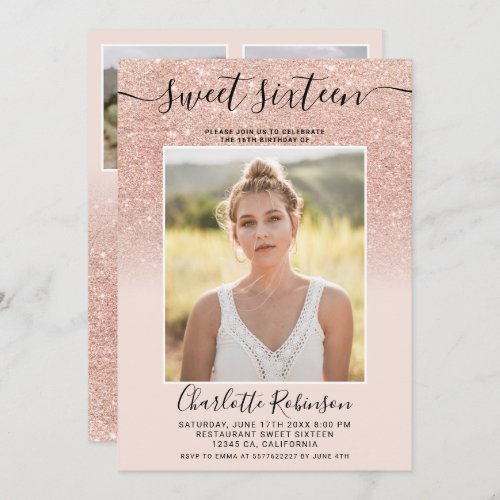 Rose gold glitter pink ombre 3 photos Sweet 16 Invitation