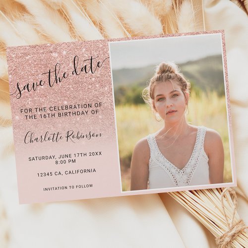 Rose gold glitter pink ombre 3 photos Sweet 16 Save The Date
