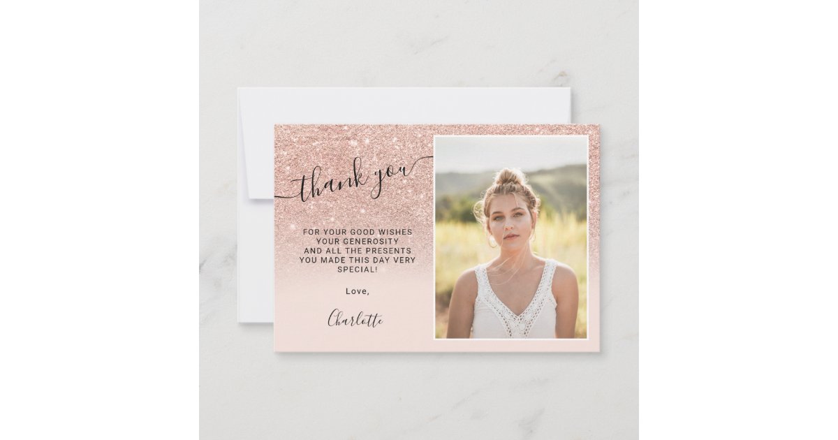 Rose gold glitter pink ombre 3 photos Sweet 16 Thank You Card | Zazzle
