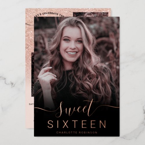 Rose gold glitter pink ombre 5 photos sweet 16 foil invitation