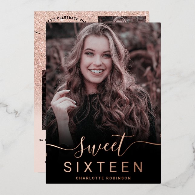 Rose gold glitter pink ombre 5 photos sweet 16 foil invitation (Front/Back)