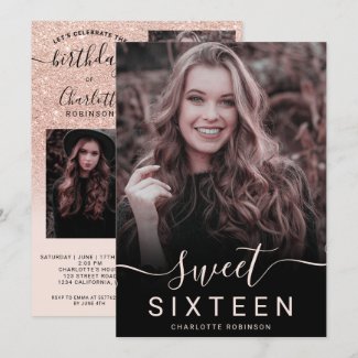 Rose gold glitter pink ombre 5 photos sweet 16 invitation