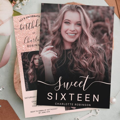 Rose gold glitter pink ombre 5 photos sweet 16 invitation
