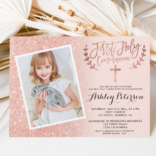 Rose gold glitter pink ombre first communion photo invitation