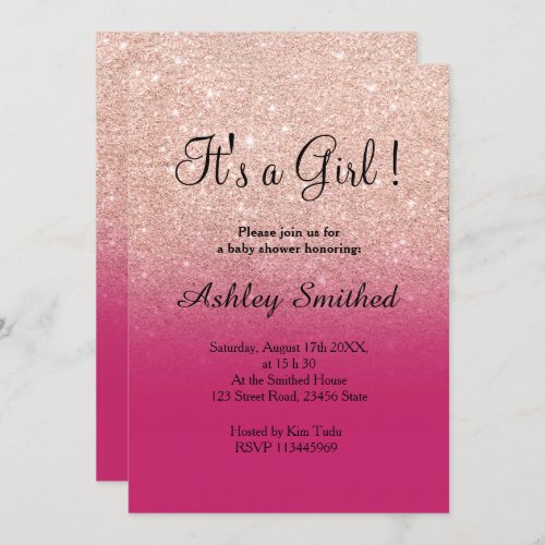 Rose gold glitter pink ombre girl baby shower invitation