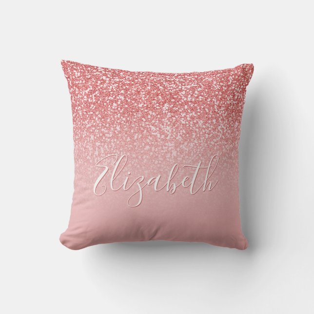 Rose Gold Glitter Pink Ombre Name Throw Pillow (Front)
