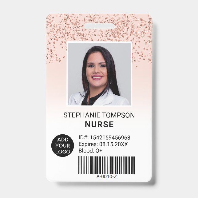 Rose gold glitter pink ombre nurse photo logo code badge (Front)