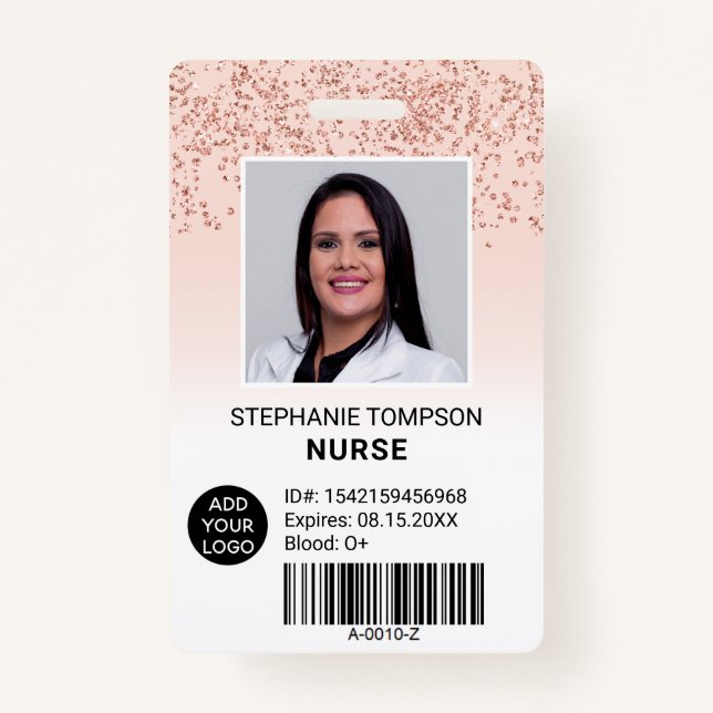 Rose gold glitter pink ombre nurse photo logo code badge (Front)