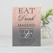 Rose gold glitter pink ombre script grey wedding invitation (Standing Front)