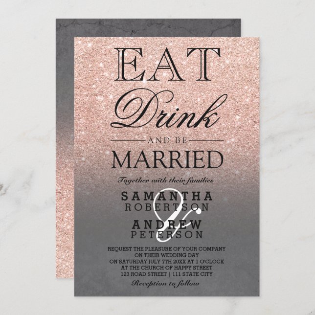Rose gold glitter pink ombre script grey wedding invitation (Front/Back)