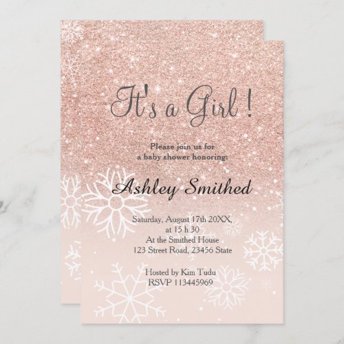 Rose gold glitter pink ombre snow girl baby shower invitation