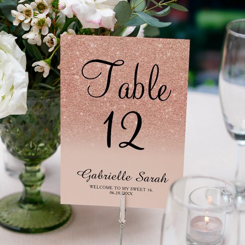 Rose gold glitter pink ombre sweet 16 table table number