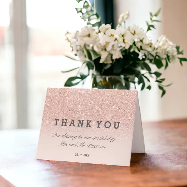 Rose gold glitter pink ombre Thank you wedding Card | Zazzle