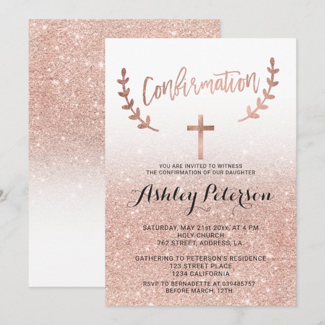 Rose gold glitter pink ombre white confirmation invitation (Front/Back)