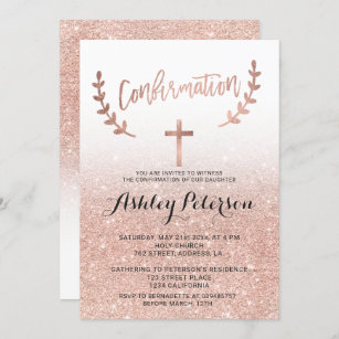 Rose gold glitter pink ombre white confirmation invitation, Zazzle