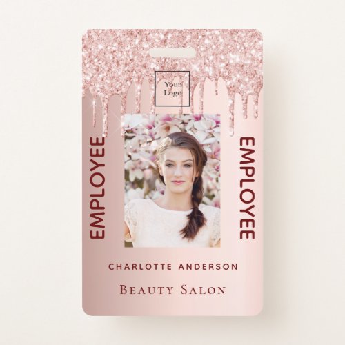 Rose gold glitter pink photo beauty salon employee badge