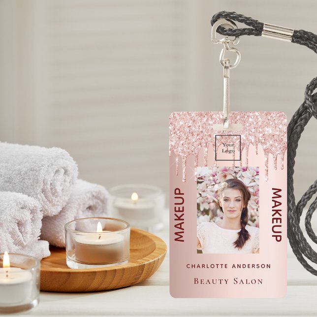 Rose gold glitter pink photo beauty salon makeup badge (Creator Uploaded)