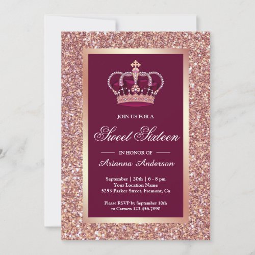 Rose Gold Glitter Pink Princess Sweet Sixteen Invitation