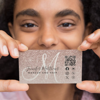 Rose Gold Glitter Pink Qr Code Makeup Hair Business Card by epclarke at Zazzle