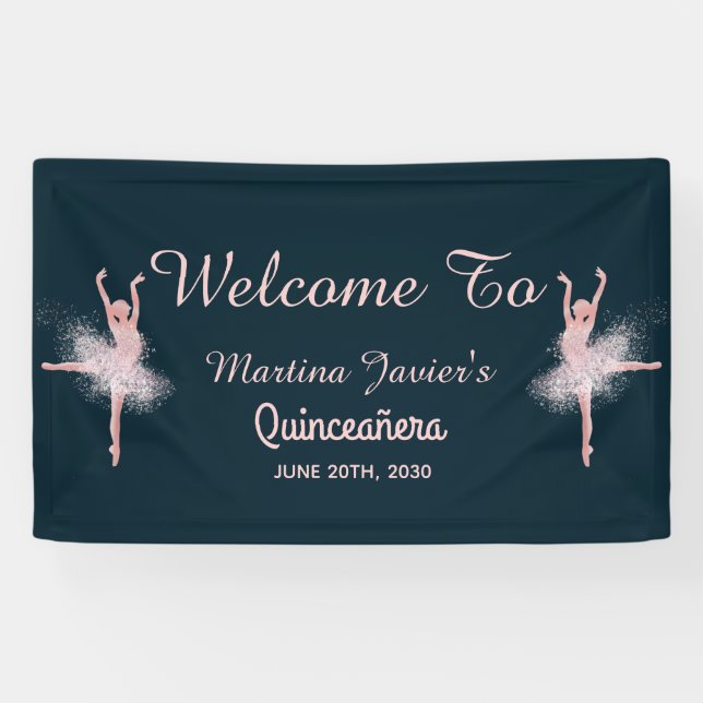 Rose Gold Glitter Pink Quinceañera 15th Birthday Banner (Horizontal)