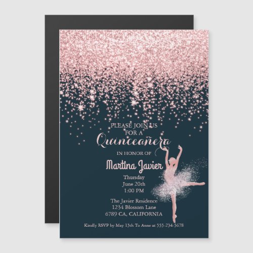 Rose Gold Glitter Pink Quinceaera 15th Birthday Magnetic Invitation