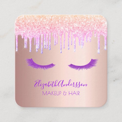 Rose gold glitter pink rainbow lashes makeup hair square business card