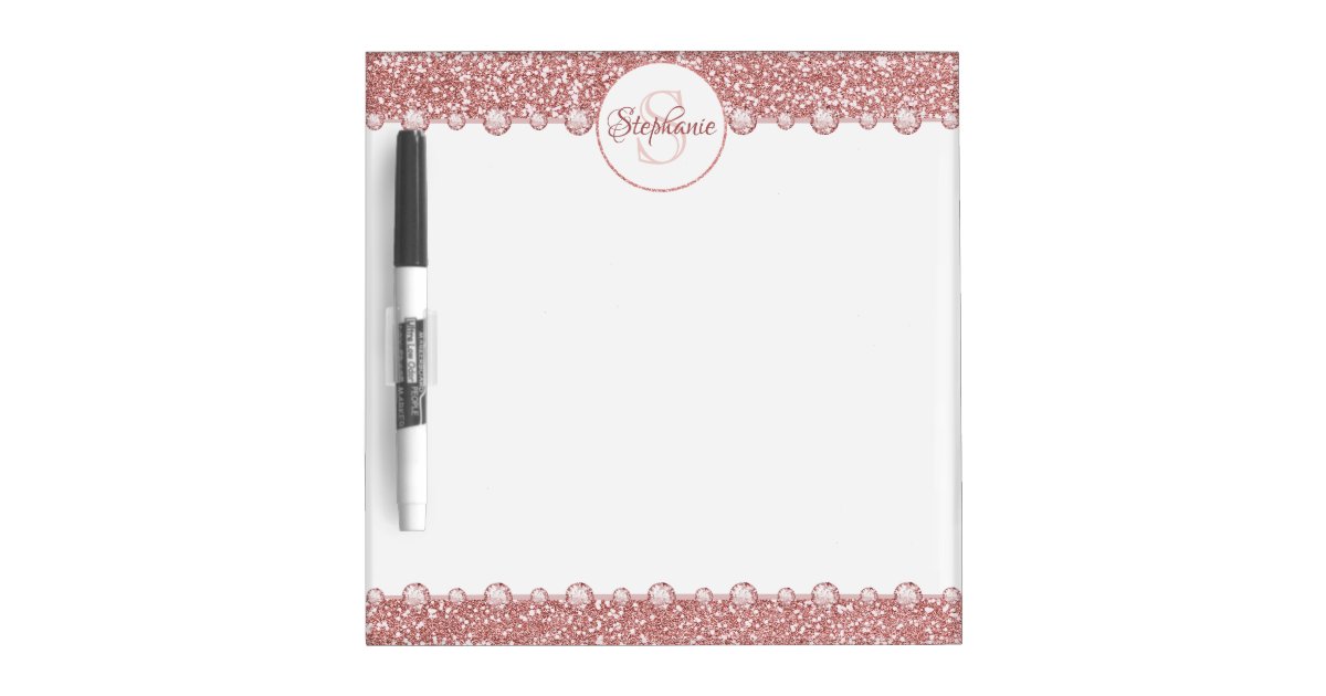 Rose Gold Glitter Pink Rhinestone Monogram Dry Erase Board | Zazzle