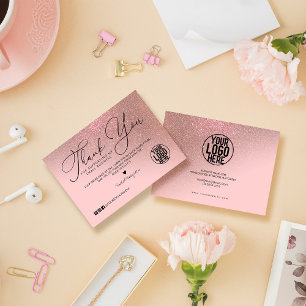 Rose Gold Glitter Pink Script Customer Thank You Business Card