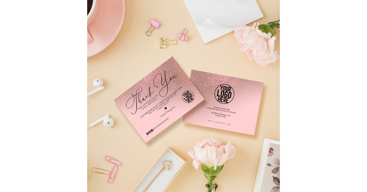 Rose Gold Glitter Pink Script Customer Thank You Business Card | Zazzle