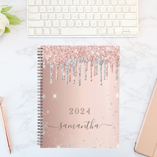 Rose gold glitter pink silver monogram 2024 planner