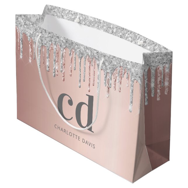 Rose gold glitter pink silver monogram birthday large gift bag (Back Angled)