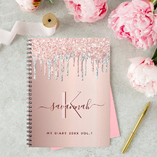 Rose gold glitter pink silver monogram diary notebook