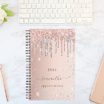 Rose gold glitter pink silver monogram name 2024 planner<br><div class="desc">A faux rose gold metallic looking background with elegant rose gold and faux silver glitter drips, paint dripping look. Template for a year. Personalize and add a name. The name is written in dark rose gold with a large modern hand lettered style script with swashes. Perfect for school, work or...</div>