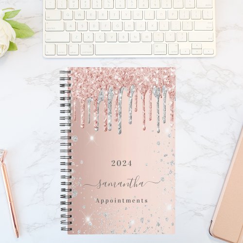 Rose gold glitter pink silver monogram name 2024 planner