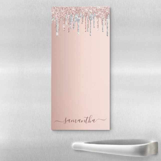 Rose gold glitter pink silver sparkle monogram magnetic notepad (In Situ)