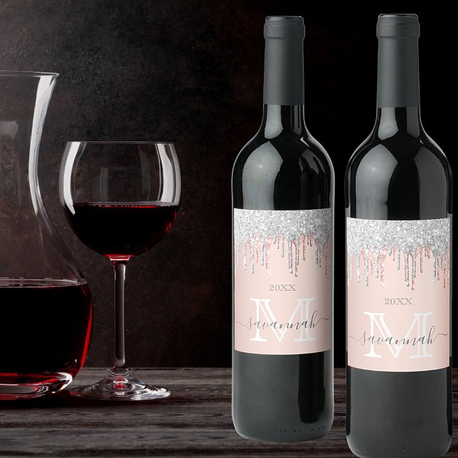 Rose gold glitter pink silver sparkle monogram wine label (Creator Uploaded)