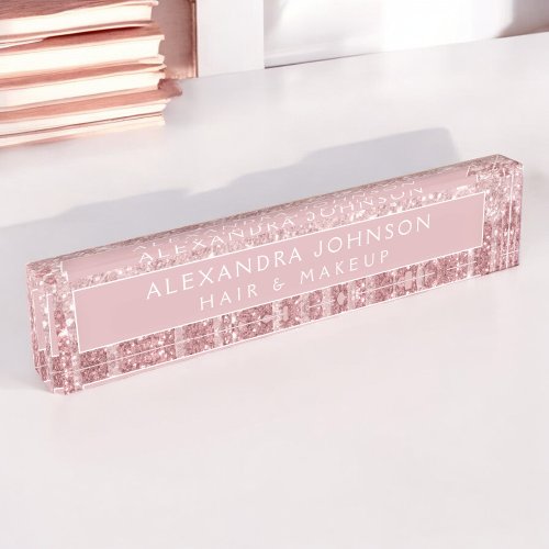 Rose Gold Glitter Pink Sparkle Hair Makeup Desk Name Plate